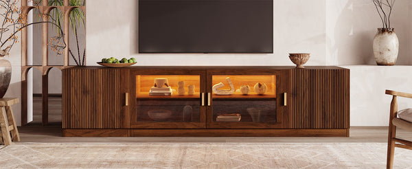 English Elm 74" Walnut Media Console with Fluted Glass Doors Led Lighting for Tvs up to 85 Inches N710P454863P