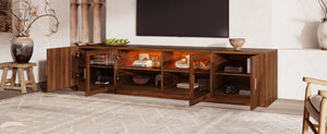 English Elm 74" Walnut Media Console with Fluted Glass Doors Led Lighting for Tvs up to 85 Inches N710P454863P