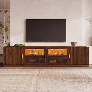 English Elm 74" Walnut Media Console with Fluted Glass Doors Led Lighting for Tvs up to 85 Inches N710P454863P