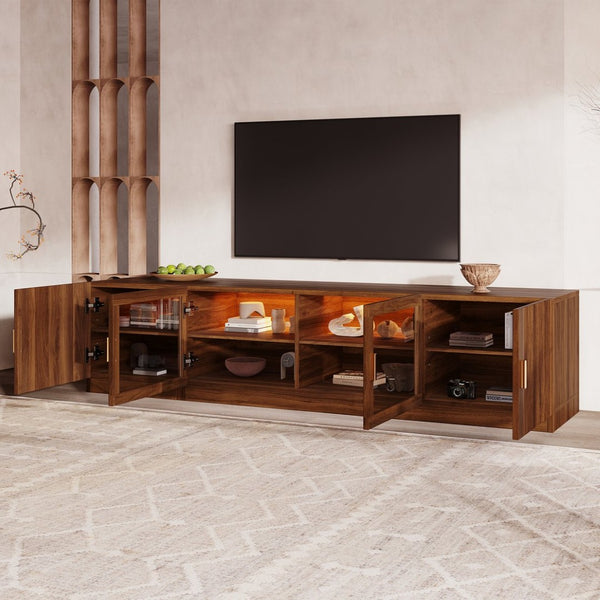 English Elm 74" Walnut Media Console with Fluted Glass Doors Led Lighting for Tvs up to 85 Inches N710P454863P