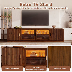 English Elm 74" Walnut Media Console with Fluted Glass Doors Led Lighting for Tvs up to 85 Inches N710P454863P