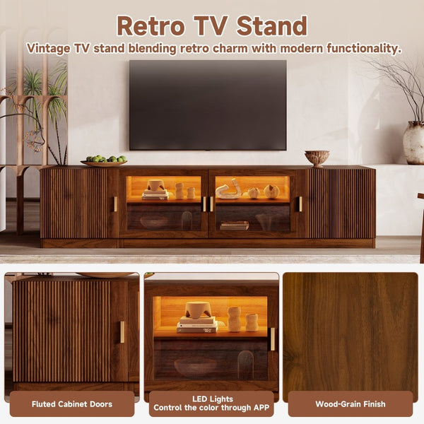English Elm 74" Walnut Media Console with Fluted Glass Doors Led Lighting for Tvs up to 85 Inches N710P454863P