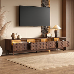 English Elm 78 Inch Walnut Entertainment Center with LED Lighting Glass Drawers and Rubberwood Legs N710P455091P
