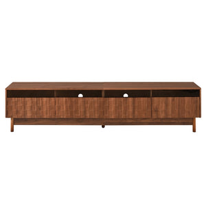 English Elm 78 Inch Walnut Entertainment Center with LED Lighting Glass Drawers and Rubberwood Legs N710P455091P