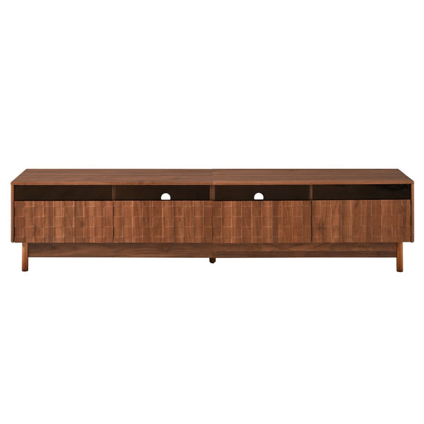 English Elm 78 Inch Walnut Entertainment Center with LED Lighting Glass Drawers and Rubberwood Legs N710P455091P