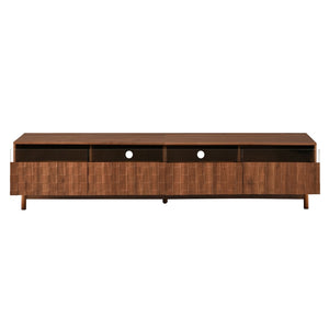 English Elm 78 Inch Walnut Entertainment Center with LED Lighting Glass Drawers and Rubberwood Legs N710P455091P