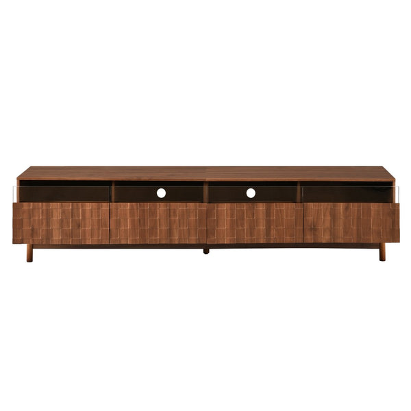 English Elm 78 Inch Walnut Entertainment Center with LED Lighting Glass Drawers and Rubberwood Legs N710P455091P