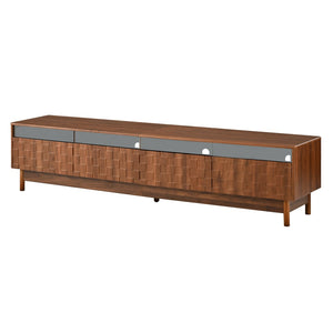 English Elm 78 Inch Walnut Entertainment Center with LED Lighting Glass Drawers and Rubberwood Legs N710P455091P