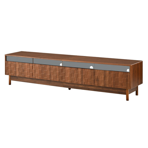 English Elm 78 Inch Walnut Entertainment Center with LED Lighting Glass Drawers and Rubberwood Legs N710P455091P