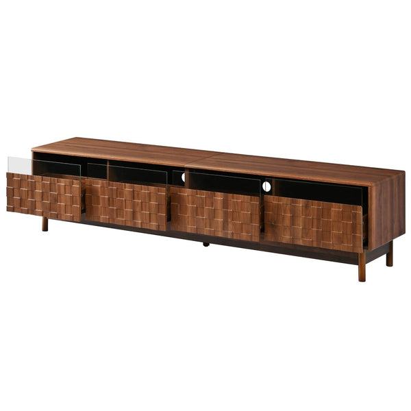 English Elm 78 Inch Walnut Entertainment Center with LED Lighting Glass Drawers and Rubberwood Legs N710P455091P