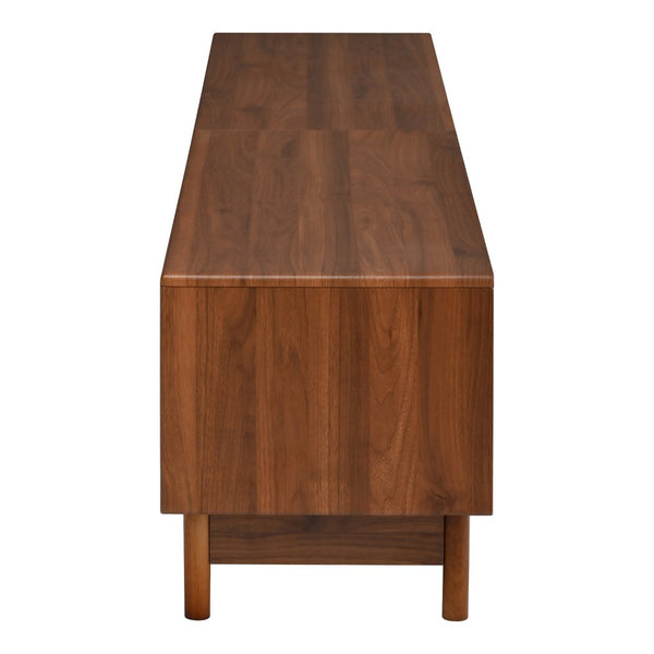 English Elm 78 Inch Walnut Entertainment Center with LED Lighting Glass Drawers and Rubberwood Legs N710P455091P