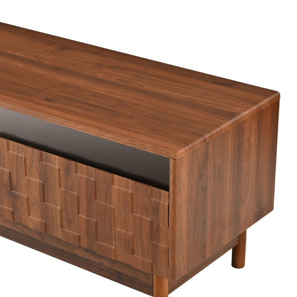 English Elm 78 Inch Walnut Entertainment Center with LED Lighting Glass Drawers and Rubberwood Legs N710P455091P