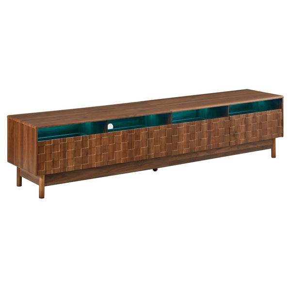English Elm 78 Inch Walnut Entertainment Center with LED Lighting Glass Drawers and Rubberwood Legs N710P455091P