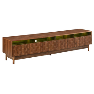 English Elm 78 Inch Walnut Entertainment Center with LED Lighting Glass Drawers and Rubberwood Legs N710P455091P