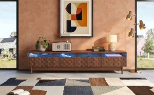 English Elm 78 Inch Walnut Entertainment Center with LED Lighting Glass Drawers and Rubberwood Legs N710P455091P