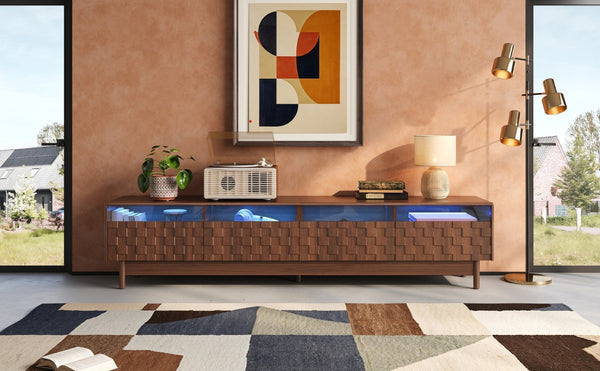 English Elm 78 Inch Walnut Entertainment Center with LED Lighting Glass Drawers and Rubberwood Legs N710P455091P
