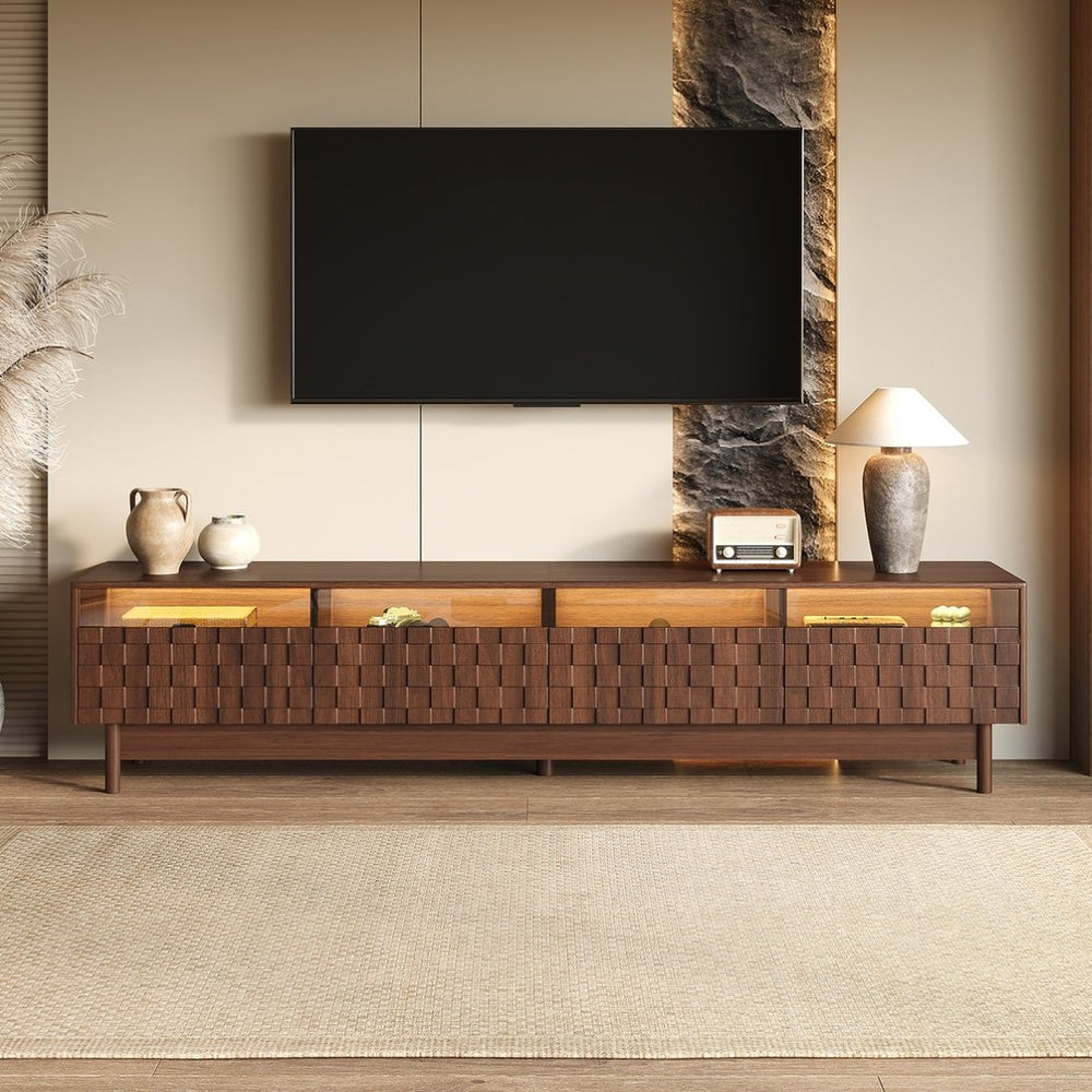 English Elm 78 Inch Walnut Entertainment Center with LED Lighting Glass Drawers and Rubberwood Legs N710P455091P