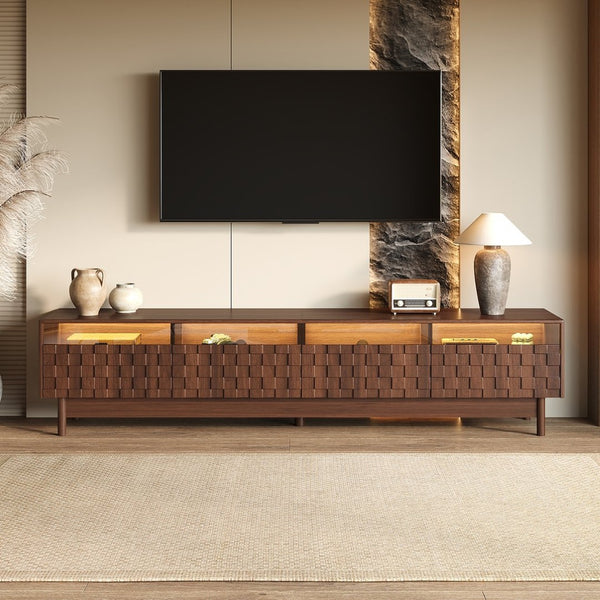 English Elm 78 Inch Walnut Entertainment Center with LED Lighting Glass Drawers and Rubberwood Legs N710P455091P
