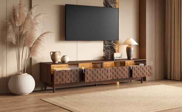 English Elm 78 Inch Walnut Entertainment Center with LED Lighting Glass Drawers and Rubberwood Legs N710P455091P
