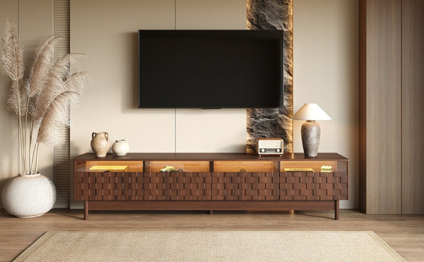 English Elm 78 Inch Walnut Entertainment Center with LED Lighting Glass Drawers and Rubberwood Legs N710P455091P