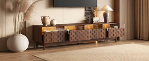 English Elm 78 Inch Walnut Entertainment Center with LED Lighting Glass Drawers and Rubberwood Legs N710P455091P