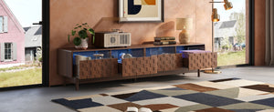 English Elm 78 Inch Walnut Entertainment Center with LED Lighting Glass Drawers and Rubberwood Legs N710P455091P