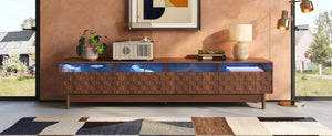 English Elm 78 Inch Walnut Entertainment Center with LED Lighting Glass Drawers and Rubberwood Legs N710P455091P