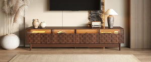 English Elm 78 Inch Walnut Entertainment Center with LED Lighting Glass Drawers and Rubberwood Legs N710P455091P