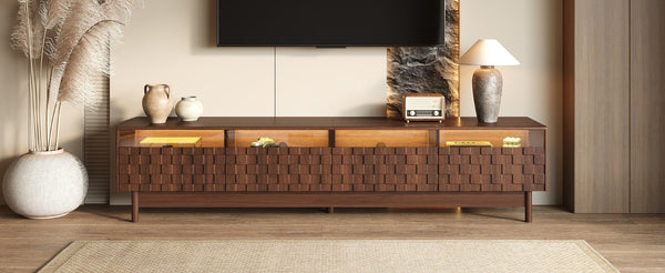 English Elm 78 Inch Walnut Entertainment Center with LED Lighting Glass Drawers and Rubberwood Legs N710P455091P