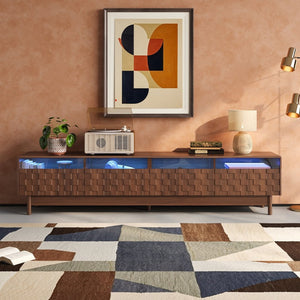 English Elm 78 Inch Walnut Entertainment Center with LED Lighting Glass Drawers and Rubberwood Legs N710P455091P