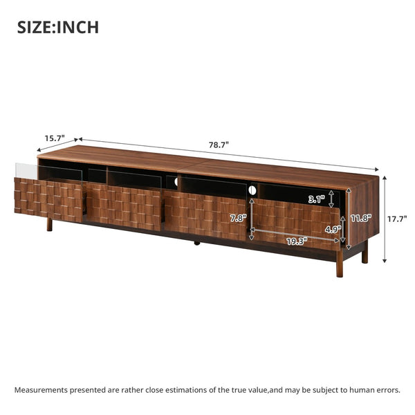 English Elm 78 Inch Walnut Entertainment Center with LED Lighting Glass Drawers and Rubberwood Legs N710P455091P