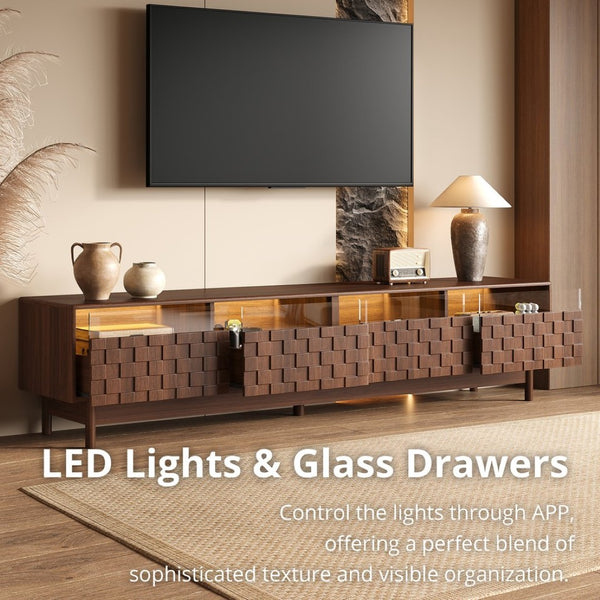 English Elm 78 Inch Walnut Entertainment Center with LED Lighting Glass Drawers and Rubberwood Legs N710P455091P