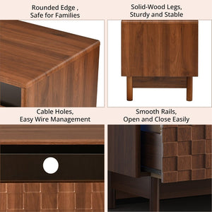 English Elm 78 Inch Walnut Entertainment Center with LED Lighting Glass Drawers and Rubberwood Legs N710P455091P