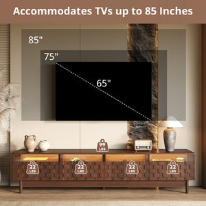 English Elm 78 Inch Walnut Entertainment Center with LED Lighting Glass Drawers and Rubberwood Legs N710P455091P
