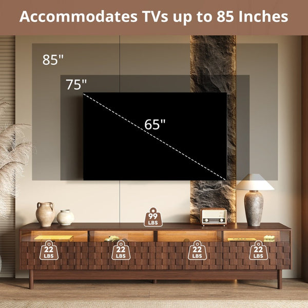 English Elm 78 Inch Walnut Entertainment Center with LED Lighting Glass Drawers and Rubberwood Legs N710P455091P