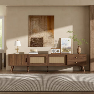 English Elm 76" Rattan Door Entertainment Center with Rubberwood Legs and Storage for Living Room N710P455176P