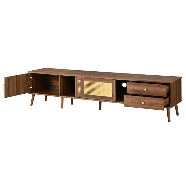 English Elm 76" Rattan Door Entertainment Center with Rubberwood Legs and Storage for Living Room N710P455176P