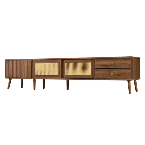 English Elm 76" Rattan Door Entertainment Center with Rubberwood Legs and Storage for Living Room N710P455176P
