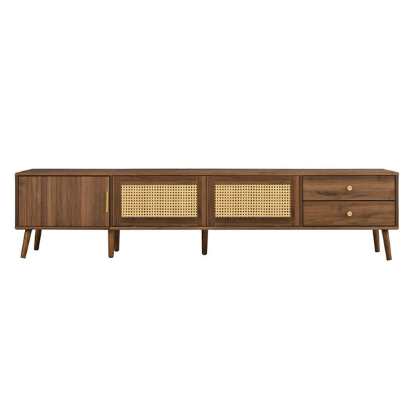English Elm 76" Rattan Door Entertainment Center with Rubberwood Legs and Storage for Living Room N710P455176P