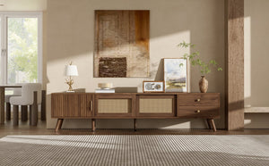English Elm 76" Rattan Door Entertainment Center with Rubberwood Legs and Storage for Living Room N710P455176P