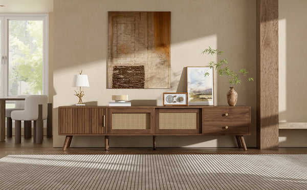 English Elm 76" Rattan Door Entertainment Center with Rubberwood Legs and Storage for Living Room N710P455176P