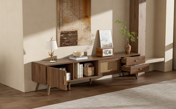 English Elm 76" Rattan Door Entertainment Center with Rubberwood Legs and Storage for Living Room N710P455176P