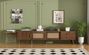 English Elm 76" Rattan Door Entertainment Center with Rubberwood Legs and Storage for Living Room N710P455176P