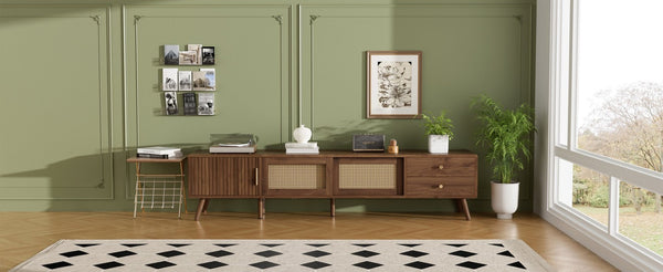 English Elm 76" Rattan Door Entertainment Center with Rubberwood Legs and Storage for Living Room N710P455176P