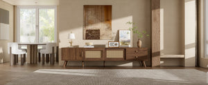 English Elm 76" Rattan Door Entertainment Center with Rubberwood Legs and Storage for Living Room N710P455176P