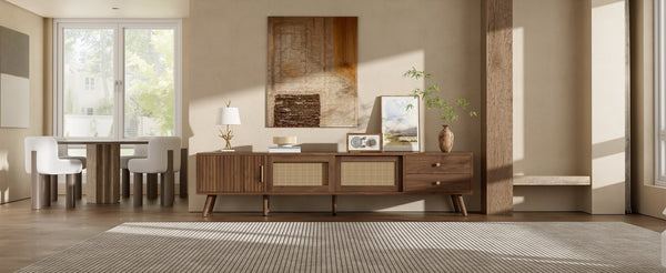 English Elm 76" Rattan Door Entertainment Center with Rubberwood Legs and Storage for Living Room N710P455176P