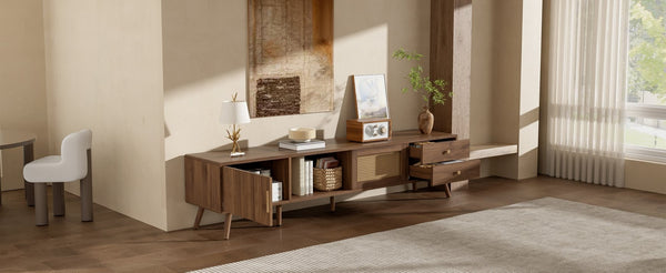 English Elm 76" Rattan Door Entertainment Center with Rubberwood Legs and Storage for Living Room N710P455176P