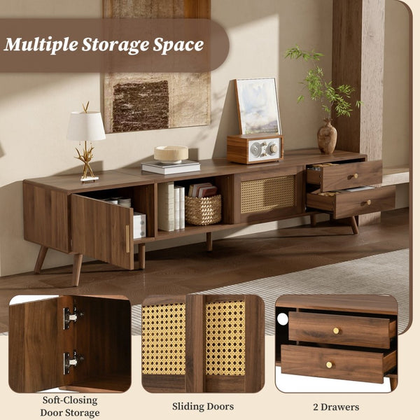 English Elm 76" Rattan Door Entertainment Center with Rubberwood Legs and Storage for Living Room N710P455176P