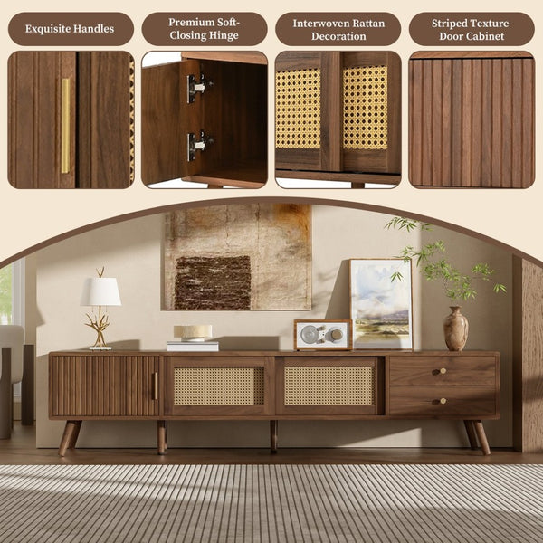 English Elm 76" Rattan Door Entertainment Center with Rubberwood Legs and Storage for Living Room N710P455176P