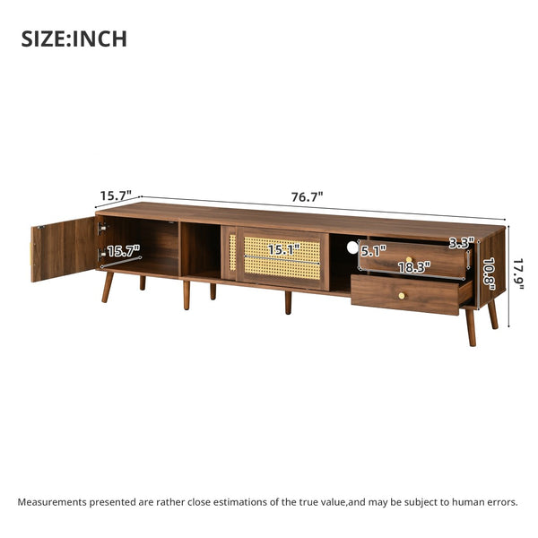 English Elm 76" Rattan Door Entertainment Center with Rubberwood Legs and Storage for Living Room N710P455176P